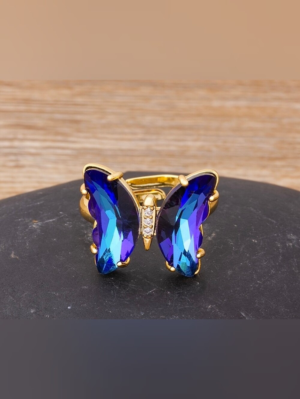 $8 Each Or Bundle 5/$20 Gold Butterfly Ring with Iridescent Blue-Purple Crystals